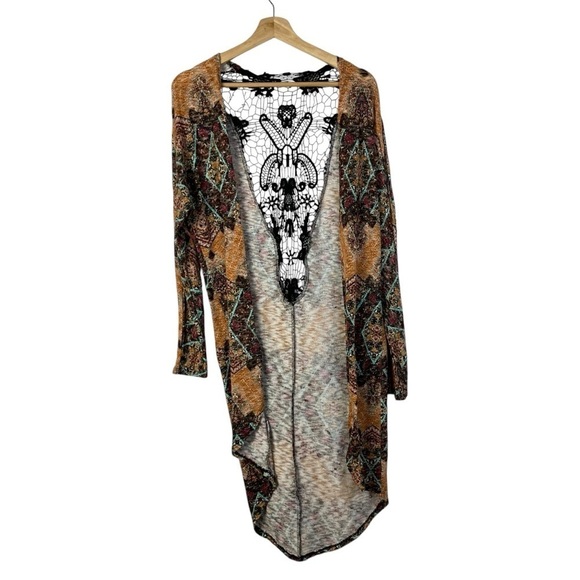 Xhilaration Orange Boho Printed Lace Back Duster Long Cardigan Sweater M - Picture 1 of 3